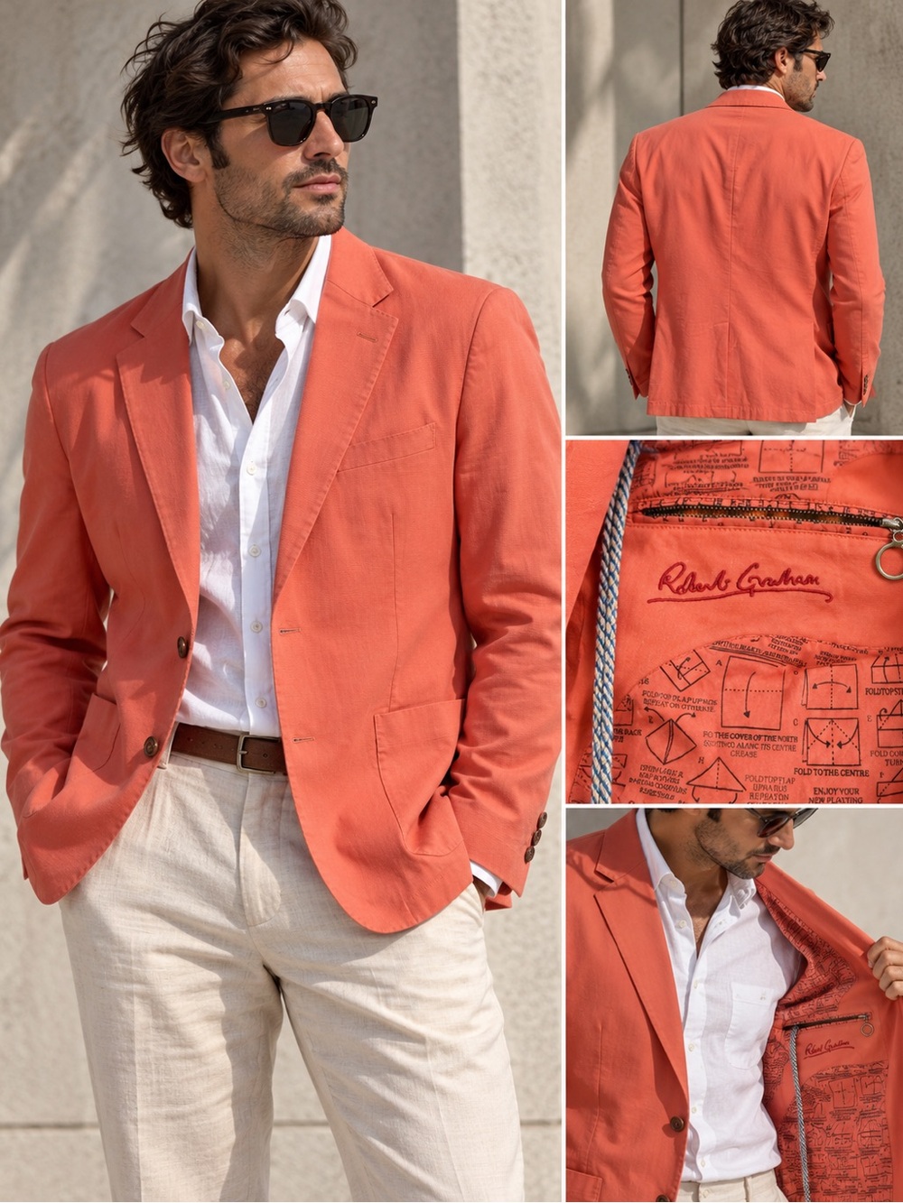 Robert Graham Men’s 46 Coral Orange Cotton Blazer Sport Coat Printed Lining
